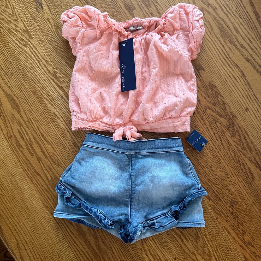 NWT Sz 18m Habitual Kids Light Peach Blouse & Pull on Denim Shorts Summer Outfit